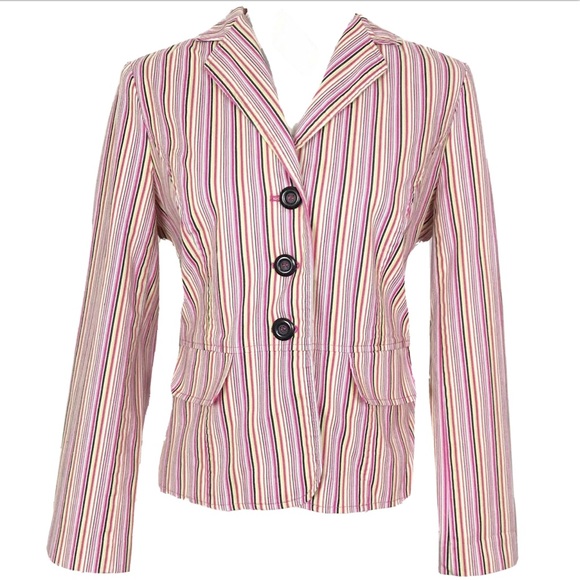 Vintage 90s Blazer Jacket Striped Fitted 3 Button Pink Blue Green White Cotton - Picture 1 of 7
